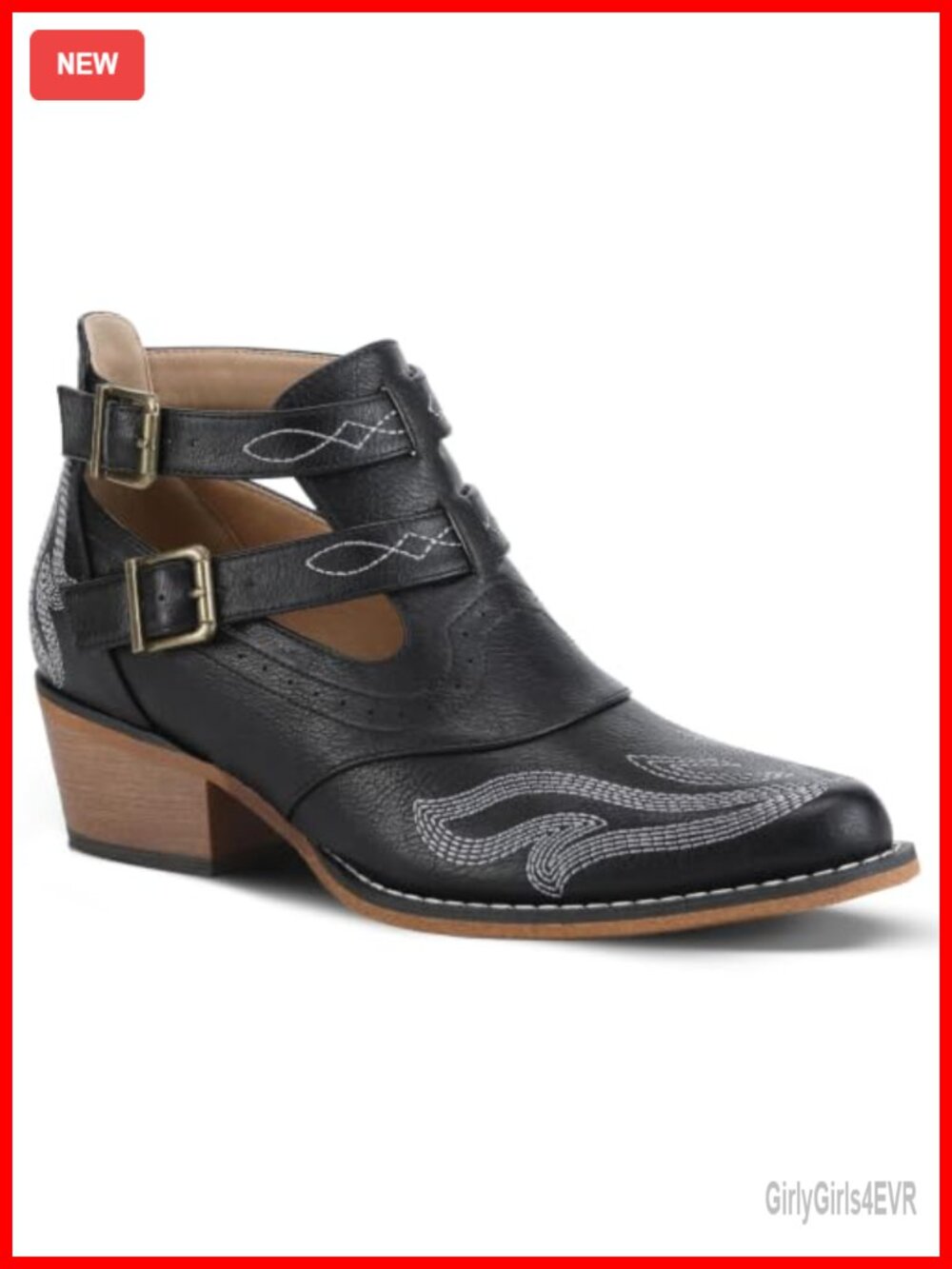 Women's Western Ankle Boots Embroidered Chunky Heel Slip-On Faux Leather